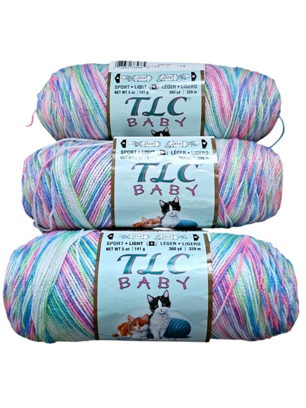 TLC Baby Sport Light Yarn Giggle Print Pastel Multi Color 5 Oz Skeins 360 Yd Coa